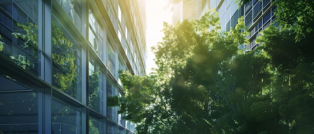 La luz del sol se filtra a través de la exuberante vegetación urbana junto a los modernos edificios de vidrio