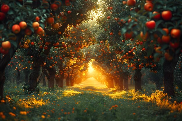 La luz del sol se filtra a través de los manzanos