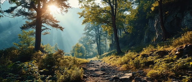 La luz del sol se filtra a través de los pinos en un camino sereno del bosque