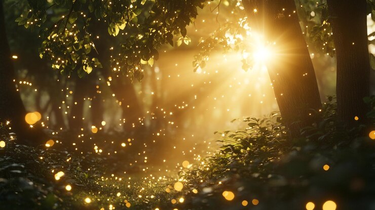 La luz del sol filtrándose a través de los árboles en un bosque sereno en la hora dorada