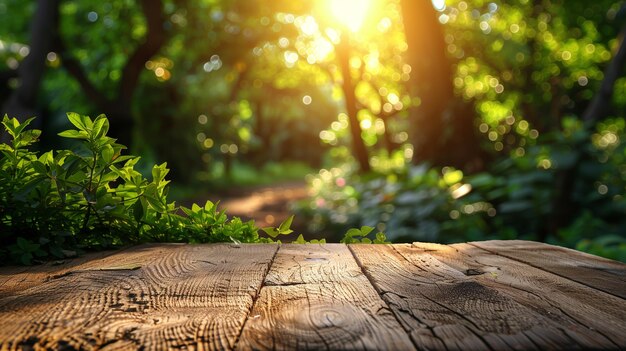La luz del sol filtrándose a través de los árboles en una mesa de madera