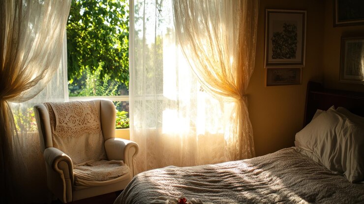 La luz del sol fluye hacia un dormitorio acogedor con un asiento junto a la ventana que muestra un interior tranquilo y cálido