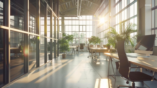 La luz del sol fluye en una oficina moderna con un diseño de espacio abierto