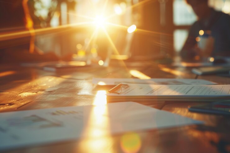 La luz del sol fluye sobre un escritorio con documentos en una oficina que destaca el ambiente de trabajo matutino