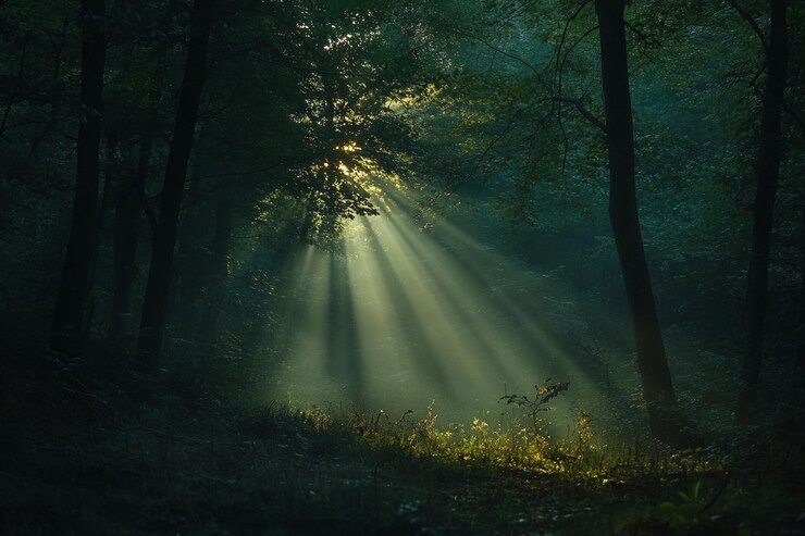 La luz del sol fluye a través de los árboles en un entorno forestal tranquilo al amanecer AI generativa
