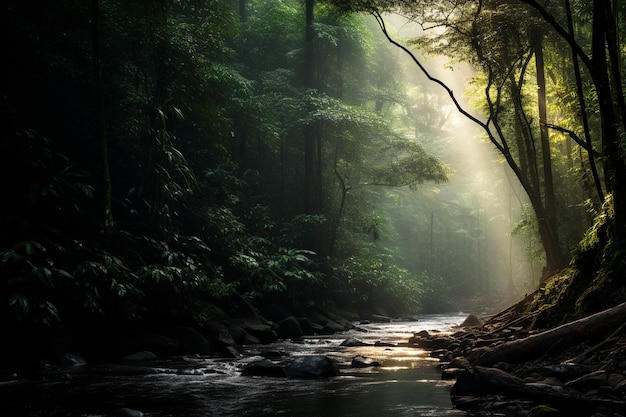 La luz del sol fluye a través de una brecha en el dosel de la selva tropical iluminando un arroyo oculto