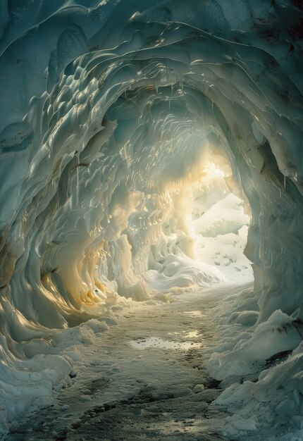 La luz del sol fluye a través de una cueva helada