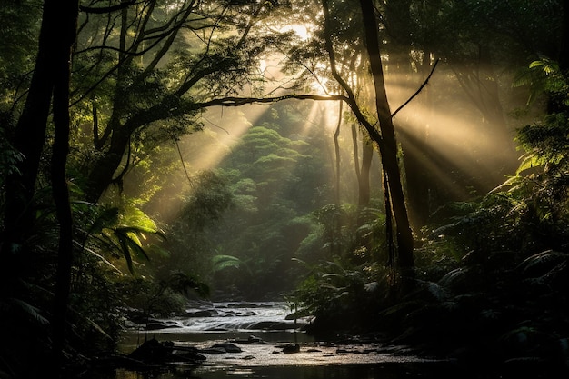 Foto la luz del sol fluye a través del denso dosel del bosque