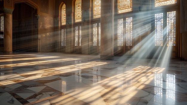 La luz del sol fluye a través de las mezquitas altas ventanas creando hermosos patrones de luz