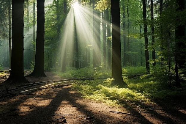 La luz del sol fluye a través de las ramas de un denso bosque