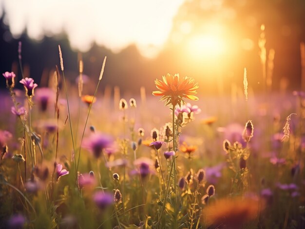 La luz del sol de la hora dorada atravesando un prado de flores silvestres de verano