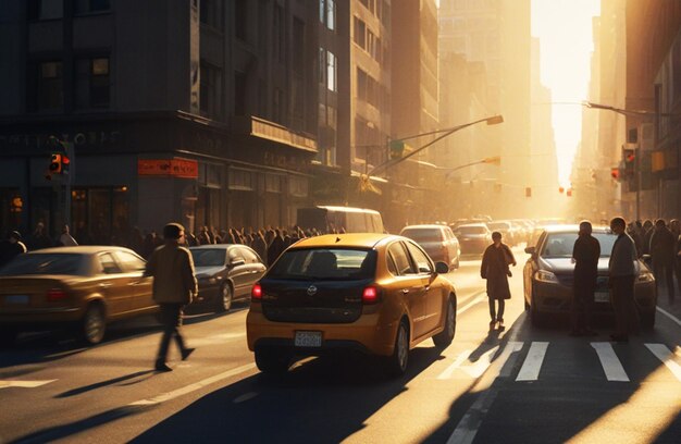 La luz del sol de la hora dorada ilumina una bulliciosa calle de la ciudad con peatones y taxis amarillos