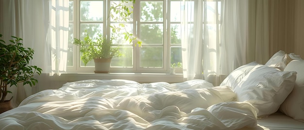 La luz del sol ilumina una cama desordenada con ropa de cama y almohadas blancas Decoración conceptual del dormitorio Iluminación natural Atmosfera acogedora Estética blanca