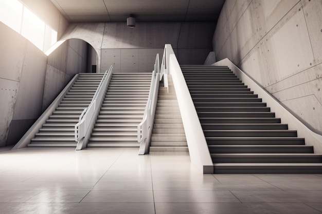 La luz del sol ilumina las escaleras vacías en un edificio moderno y elegante