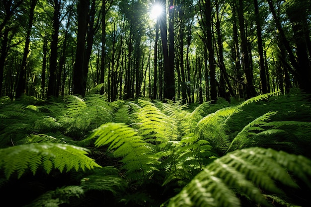 la luz del sol ilumina el suelo del bosque forrado de helechos