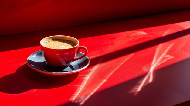 La luz del sol de la mañana proyecta sombras alrededor de una taza de café en una mesa que sugiere una quietud