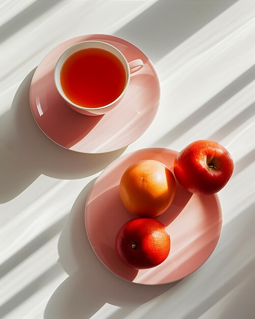 La luz del sol matinal resalta la fruta fresca y el desayuno de té