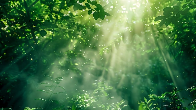 La luz del sol penetra a través de un bosque verde creando rayos místicos en medio del follaje