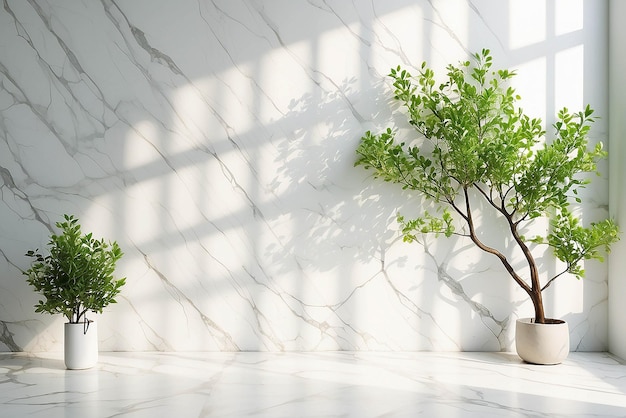 La luz del sol de primavera en la rama verde del árbol con sombra en la pared de baldosas de mármol blanco mesa de madera espacio de copia