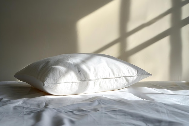 La luz del sol proyecta sombras en una almohada blanca y una cama que simbolizan un ambiente de sueño sereno