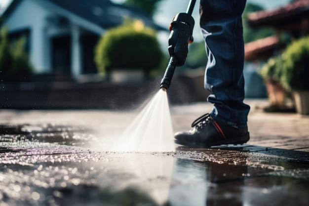 La luz del sol se rompe mientras un hombre con botas de trabajo y vaqueros usa una lavadora a presión en una entrada