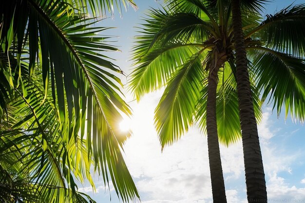 La luz del sol sobre las hojas de palma verdes contra el arco del cielo