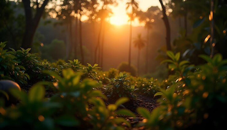 La luz del sol tropical al atardecer se filtra a través de las hojas