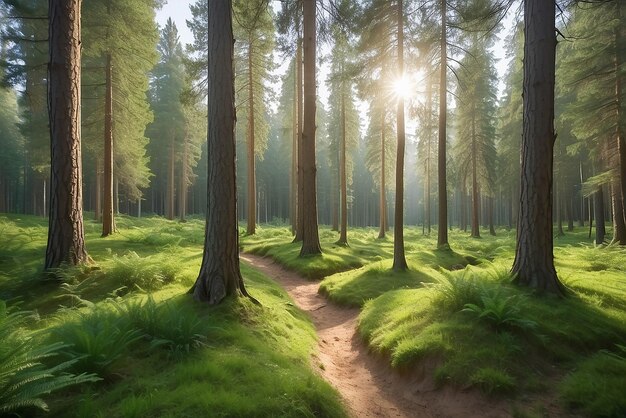 La luz del sol en el verde bosque de coníferas La naturaleza de verano