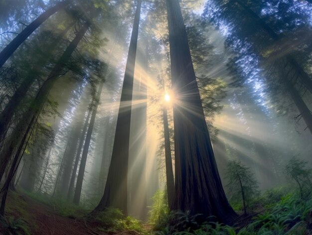 Foto luz solar brilhando através das árvores em uma floresta com uma trilha generativa de ia