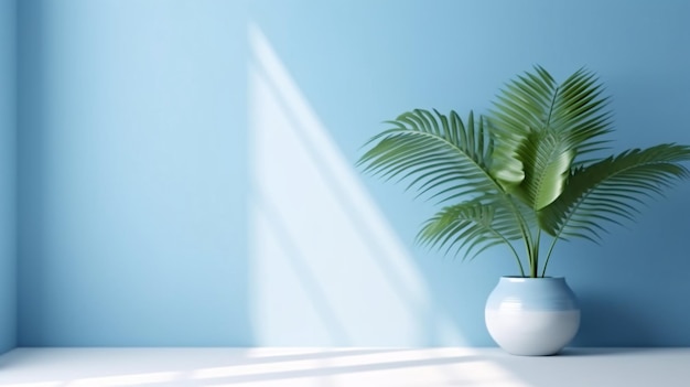 Luz solar brilhando em uma sala vazia 3D renderização de sala brilhante com paredes azuis plantas de casa exóticas