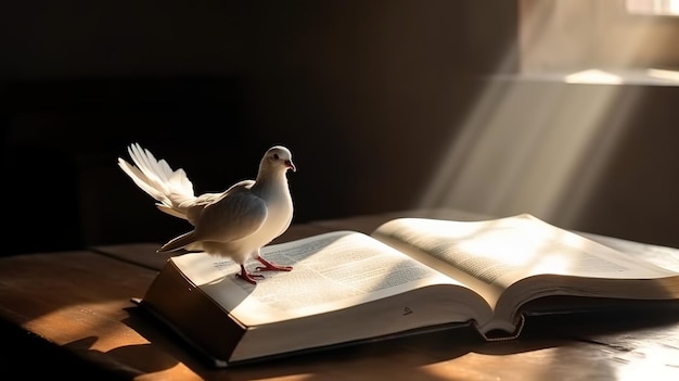 Luz solar brillante y paloma blanca y sagrada biblia y silueta cruzada de Jesucristo
