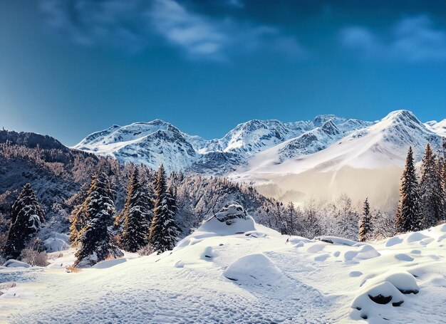Luz solar da serenidade da montanha em um país das maravilhas coberto de neve