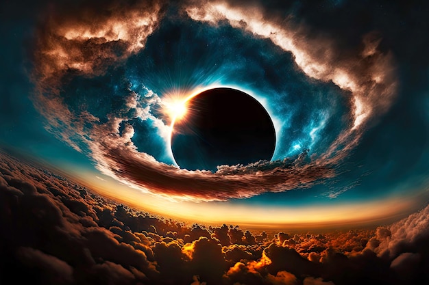 Luz solar divergente en el cielo oscuro durante el eclipse total