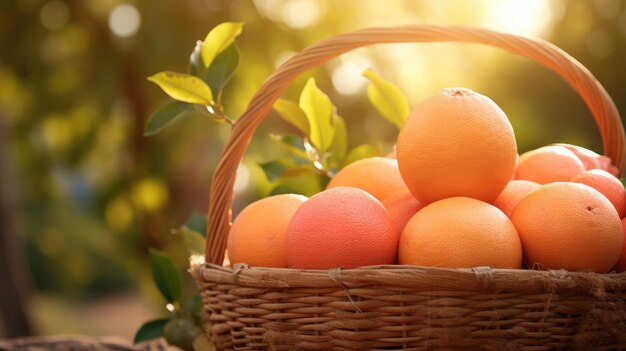 Luz solar em uma cesta de toranjas maduras cercadas de vegetação