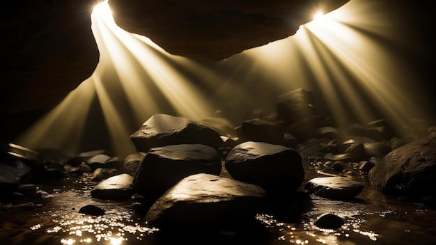 Foto la luz solar se filtra a través del techo de la cueva proyectando tonos y sombras en el paisaje