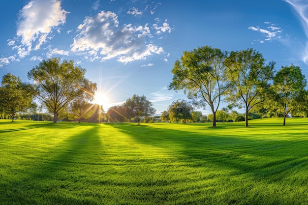Luz solar filtrando através de árvores em um parque Fotografia de paisagem com espaço de cópia