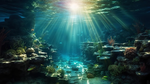Luz solar subaquática através da superfície da água vista de um leito rochoso com algas Generative AI