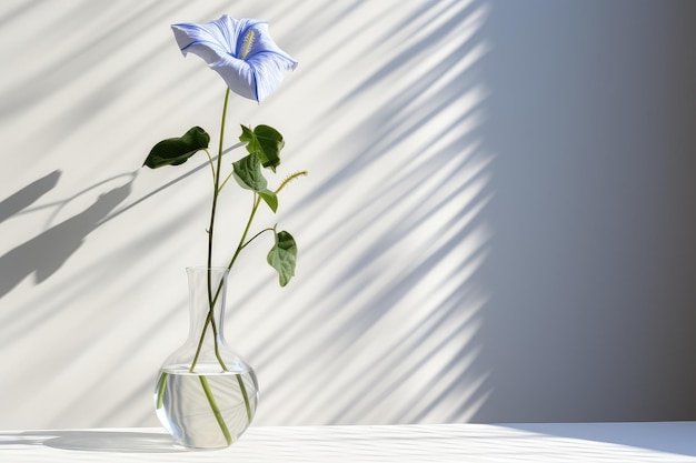 luz y sombra alrededor de una hermosa flor de gloria matinal aislada en un jarrón de vidrio