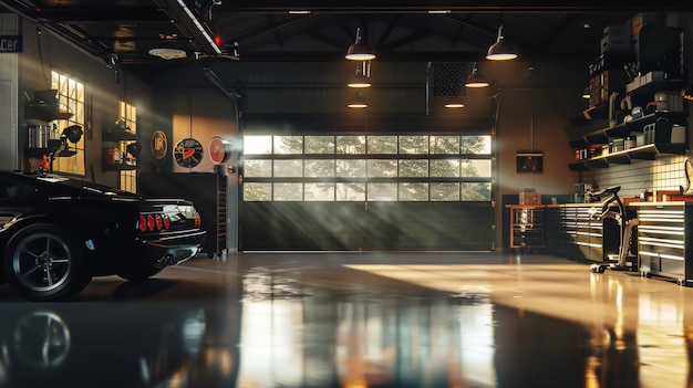 Foto luz suave da manhã em uma garagem de carros cinematográfica, ilustração gerada por ia