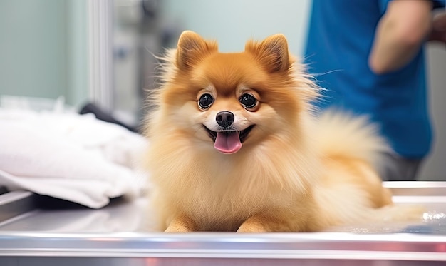 Una luz suave ilumina una tranquila escena de aseo donde una mujer atiende a su contenido Pomerania con tierno cuidado.