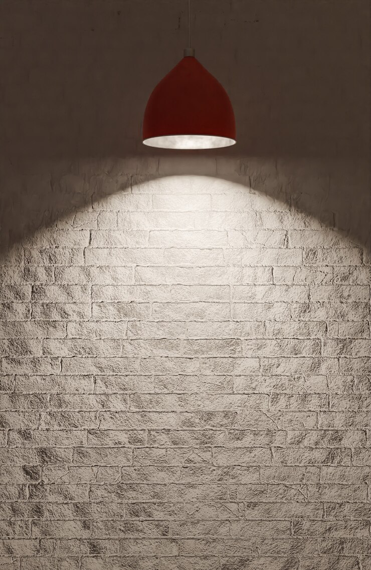 Una luz de techo roja ilumina una pared de ladrillo blanco., Modelo 3d e ilustración.