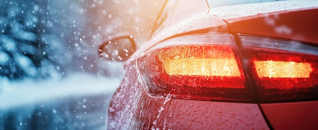 Luz trasera roja del coche en clima nevado