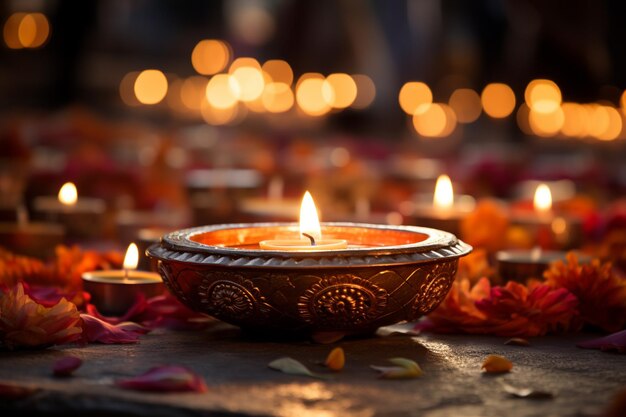 A la luz de las velas en el festival Diwali, festival tradicional indio, cultura india, fondo religioso hindú.