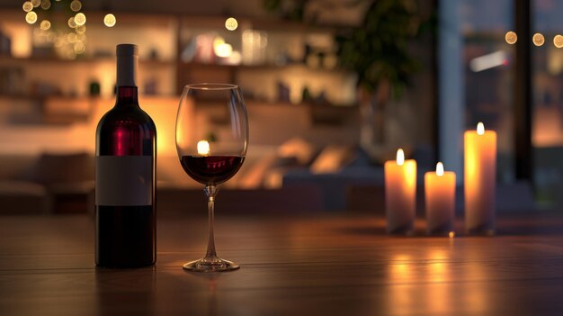 La luz de las velas mejora la atmósfera serena de una botella de vino y un vaso en una mesa de madera