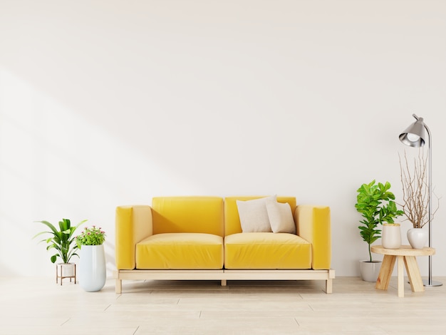 Luz verde sala interior com sofá de tecido amarelo, lâmpada e plantas em vazio.