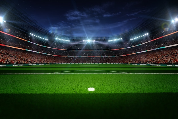 Luzes à noite e renderização em 3d do estádio de futebol