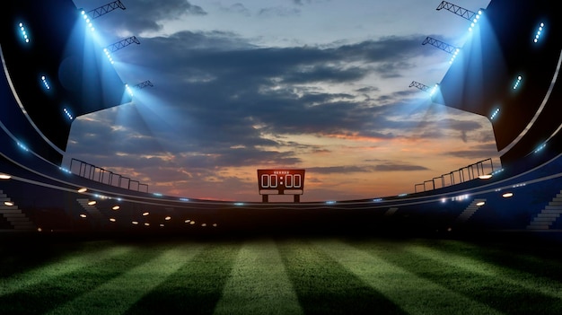 Foto luzes à noite e renderização em 3d do estádio