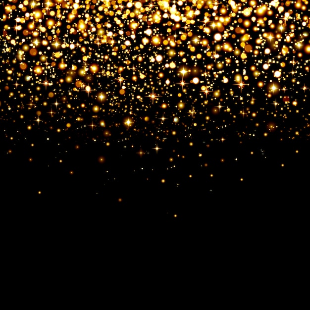 Luzes abstratas de bokeh dourado em fundo preto de férias com partículas cintilantes caindo