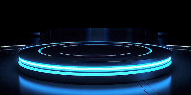 Luzes azuis iluminam um fundo escuro do pódio espacial futurista Generative AI