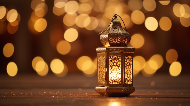 Luzes bokeh douradas projetadas lanterna árabe ramadan kareem fundo